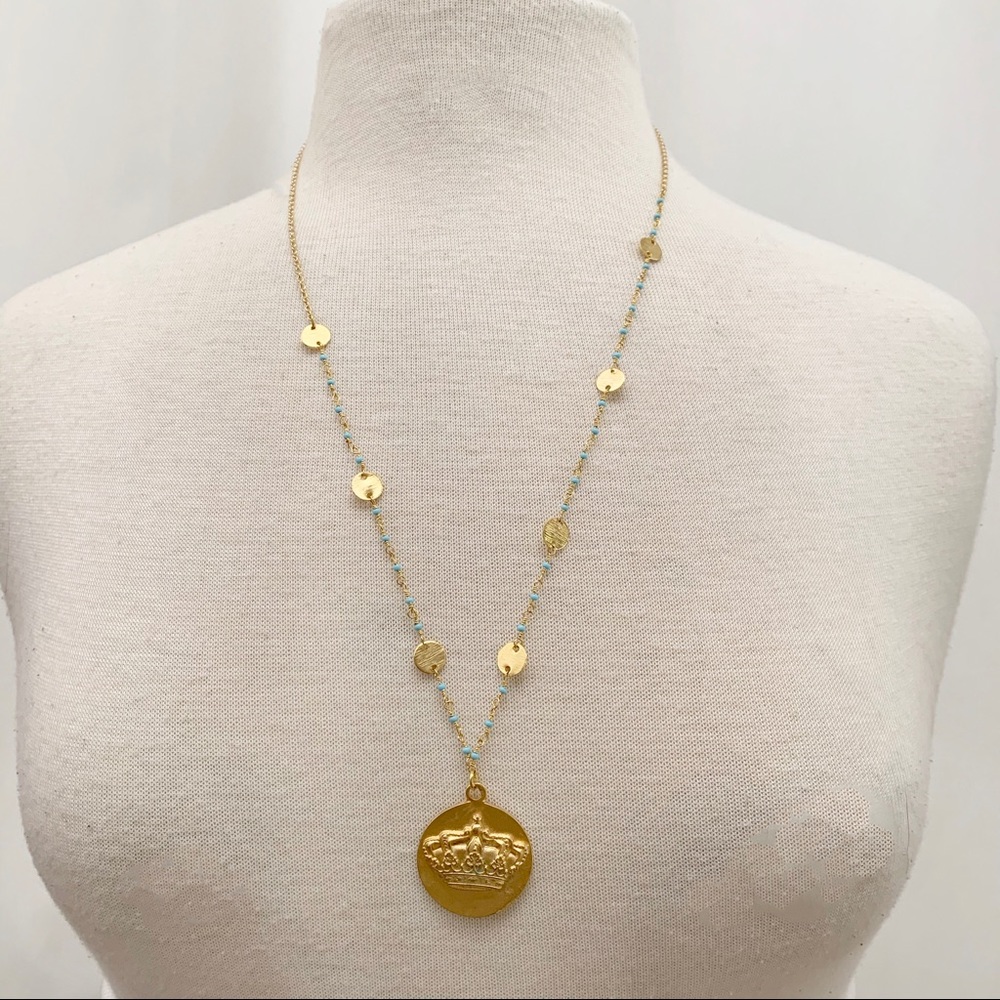 Long Vermeil & Turquoise Chain w/Crown Pendant - Picture 2 of 7